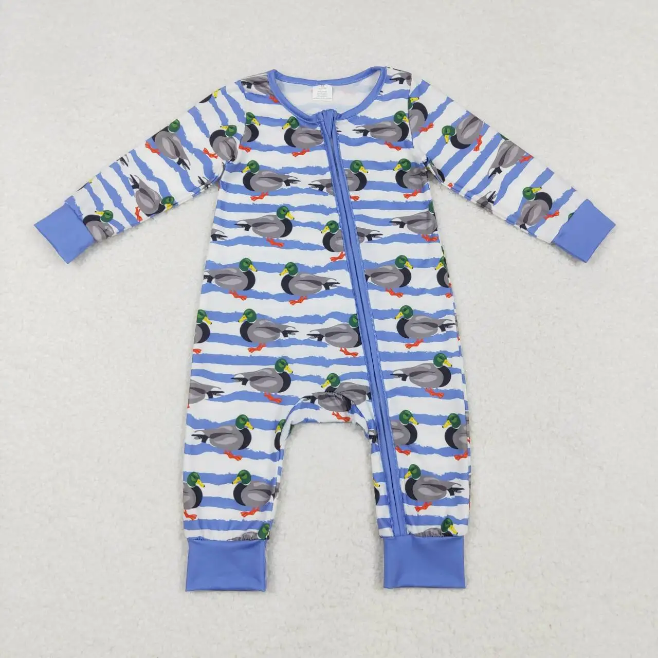 NEW RTS baby boy camouflage duck pagliaccetto boutique all'ingrosso bamboo blue striped zipper onesie