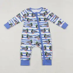 NEW RTS baby boy camouflage duck romper wholesale boutique bamboo blue striped zipper onesie