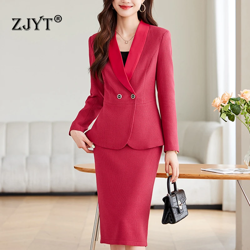 

ZJYT Autumn Fashion Long Sleeve Jacket Suit with Pencil Skirt Sets Two Pieces Womens Outfit Red Office Lady Work Wear Plus Size