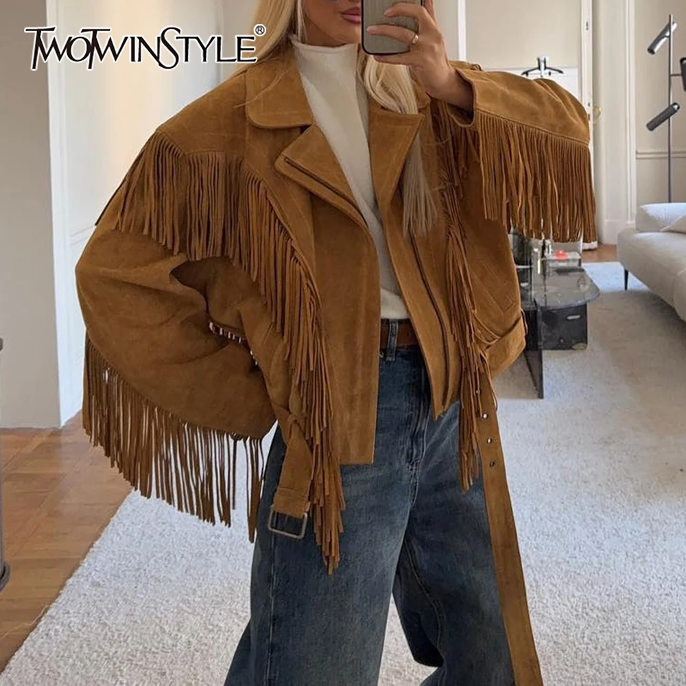 TWOTWINSTYLE Jednolita Kurtka w Stylu Vintage z Wstawkami i Szarfami dla Kobiet, Klapy, Długi Rękaw, Patchwork, Frędzle, Luźny, Modny Płaszcz Damski, Nowość