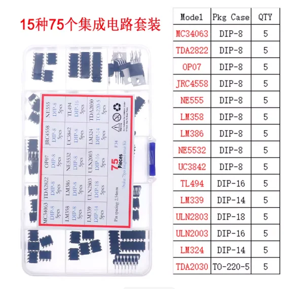 15 tipi di 75 kit circuiti integrati: LM358, LM386, NE555, LM324, TDA2030, ULN2003