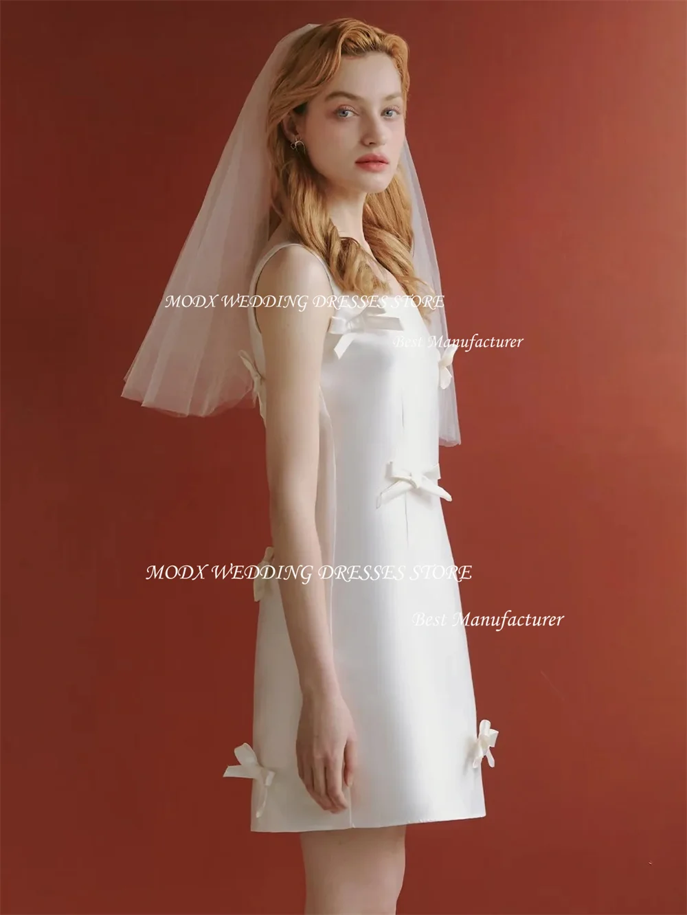 Modx cetim curto mini vestidos de festa de baile com arcos gola quadrada sem mangas uma linha na altura do joelho zíper traseiro vestidos de evento formal