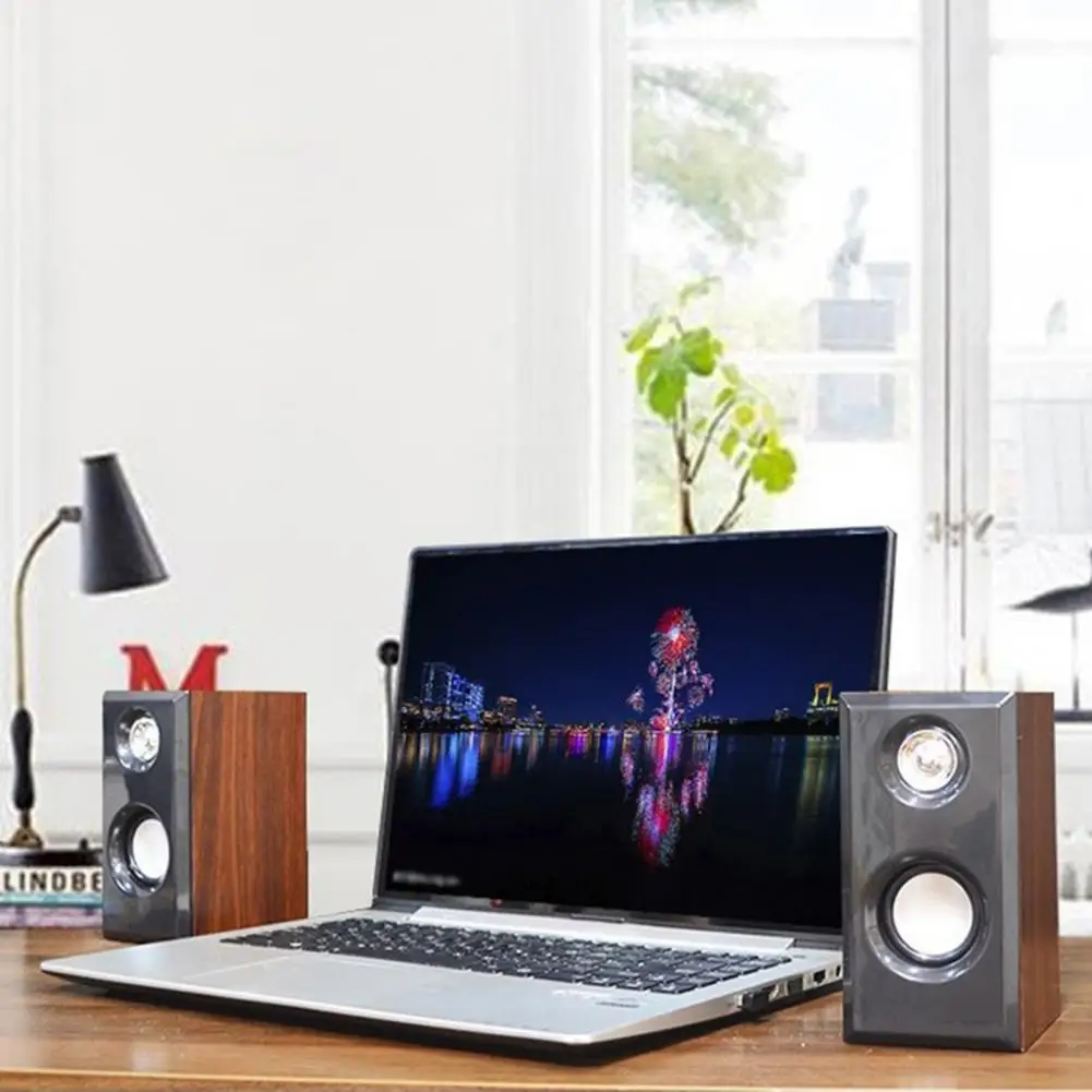 1 Pair Computer Speakers USB Powered Surround Sound Wooden Desktop Wired Loudspeakers for Laptop