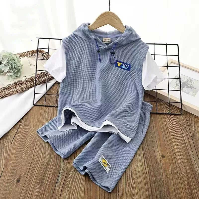 

Childrens Waffle Summer Set 2023 New Boys Hooded Casual Short Sleeve T-shirt+Shorts Two Piece Set Kids Outfits