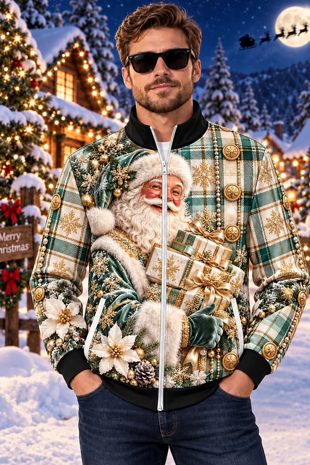 Retro Santa Christmas Jacket For Men 3D Printed Plaid Suit Gold Button Graphic Full Zip Sweatshirt Xmas Fashion Casual Coat