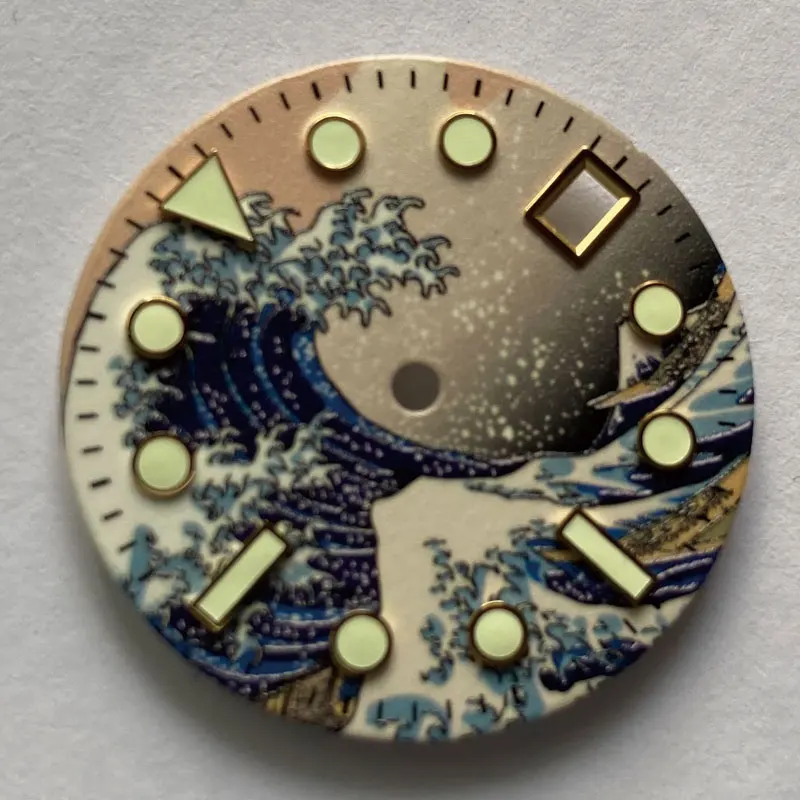 Bagian jam tangan 28.5mm Kanagawa Wave jam tangan tanda emas Dial penuh bercahaya jendela tanggal cocok untuk NH35 gerakan otomatis