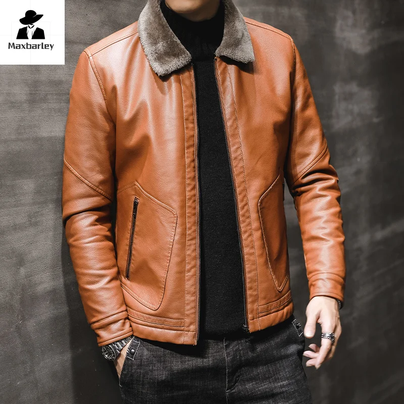 2024 Men's Leather Coat Winter Large Size Jacket with Fur Collar and Long Sleeve Wool Lining Casual Motorcycle PU Leather Coats