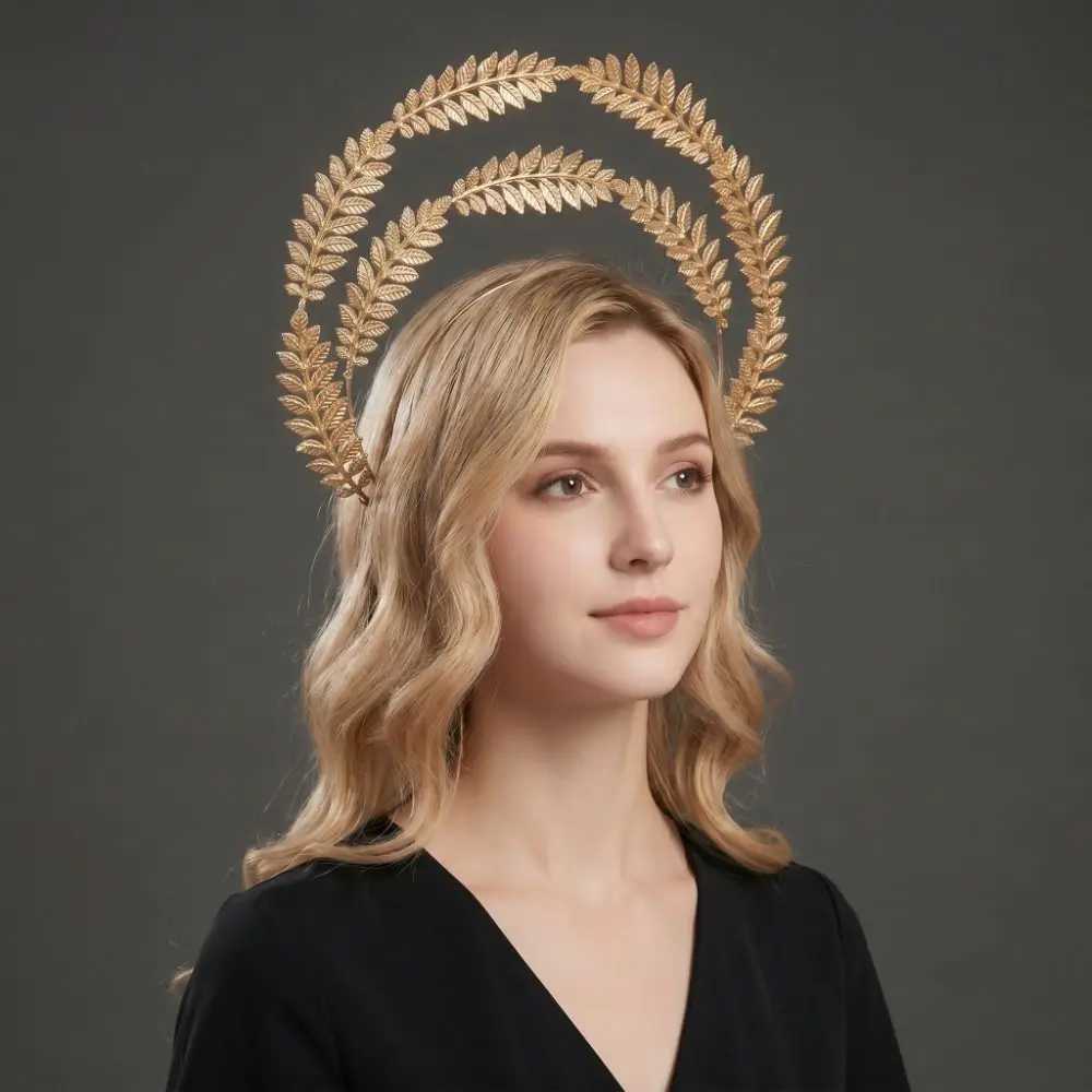 Gold Plated Halo Crown Vintage Wheat Ear Leaf Sun Goddess Crown Alloy Spike Design Tiara Headpiece Stage Performance