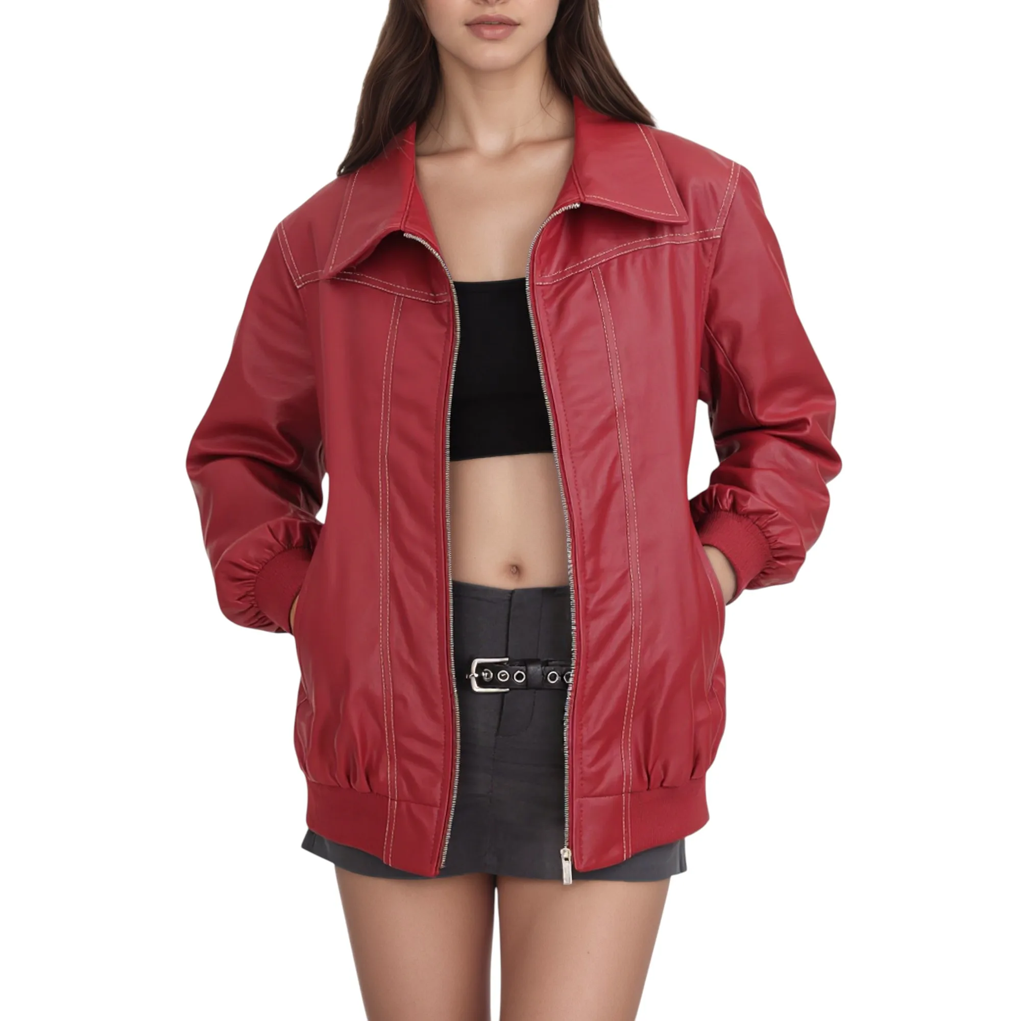 

Женская мотоциклетная куртка-бомбер больших размеров из искусственной кожи, свободное пальто на молнии большого размера для осенне-зимнего модного наряда