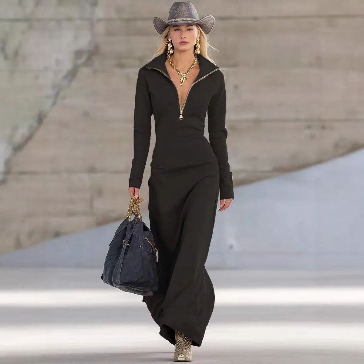 Roupas femininas transfronteiriças europeias e americanas com zíper gola polo outono e inverno vestido feminino fino de manga comprida