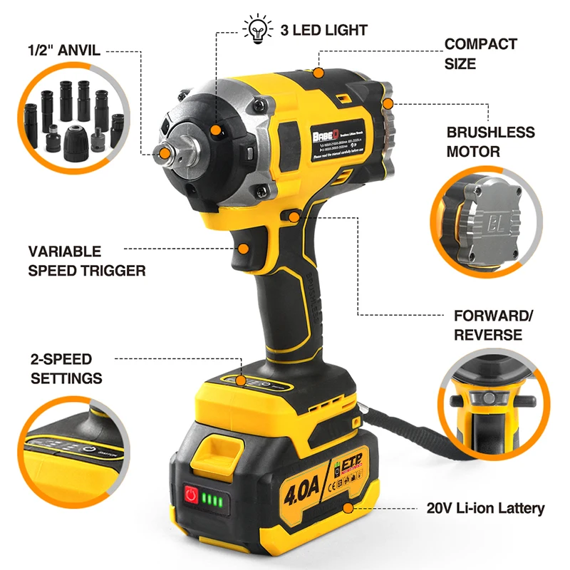 BABEQ 2000NM Brushless Electric Impact Wrench Upgraded 4.0A Battery Cordless Electric Wrench with 1/2 Inch Socket Power Tools