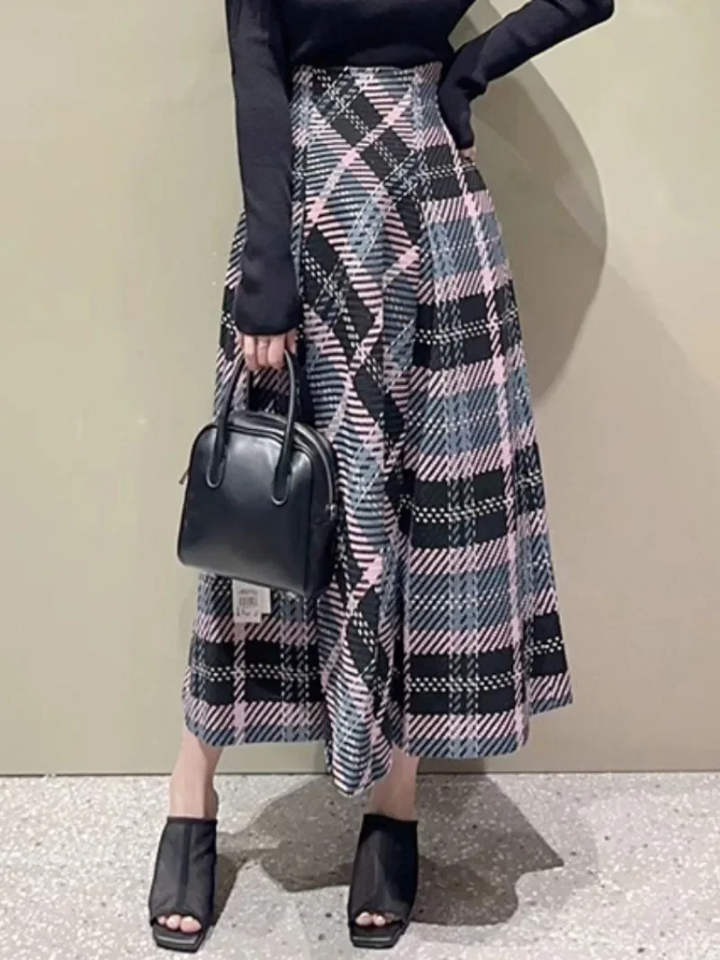 

Vintage Tweed Plaid Long Skirts Women High Waist A-line Jupe Female 2024 Autumn Winter All-match Casual Japanese Faldas Mujer