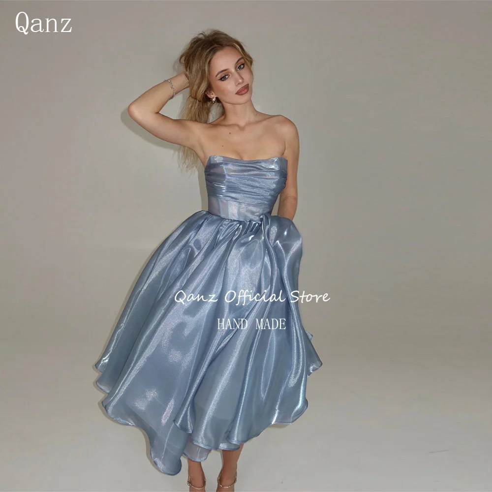 

Qanz Ice Blue Prom Dresses Shimmering Organza Strapless A Line Teath Elegant Dresses For Woman Backless Party Gowns Customized