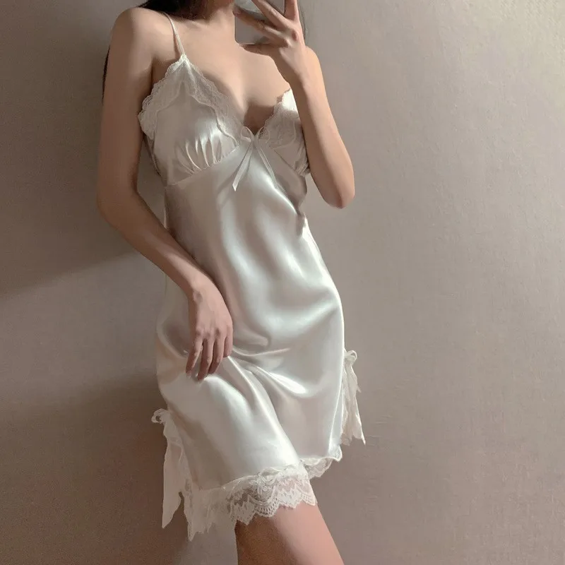 

Summer Women's Clothing Sexy V Neck Spaghetti Strap Nighties Sleepwear Short Pajama Dress For Woman Ice Silk Lace Trim Detail