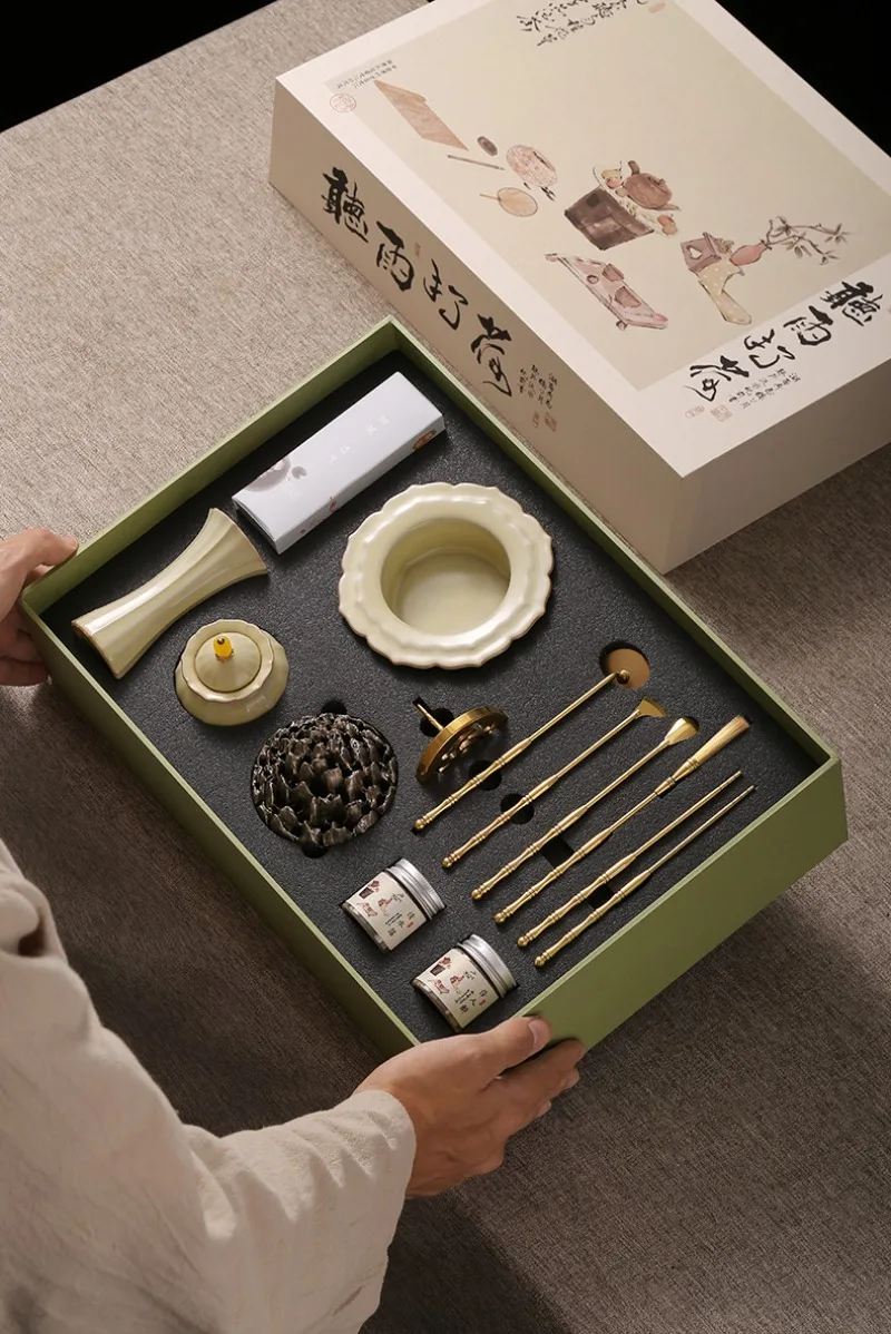 14Pcs Incense Seal Kit Gift Set Celadon Burner & Brass Tools Traditional Chinese Incense Art DIY Home Fragrance Making Decor