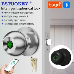 1set Fingerprint Safe Electronic Lock Door Handle Stainless Steel Round Door Knob Rotation Lock Doorknob Lock with Key Tuya App