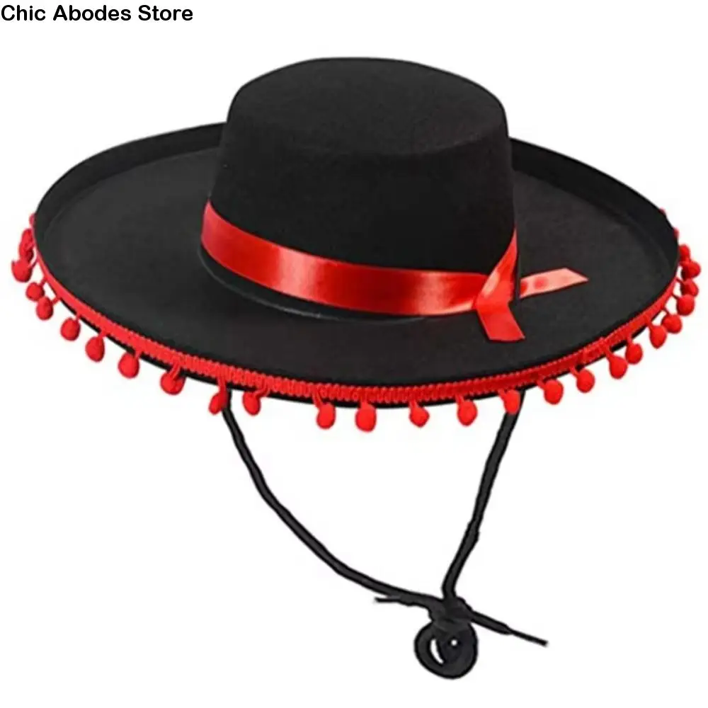 قبعات سمبريرو المكسيكية من Fuzz Ball أداء المسرح بحافة واسعة أزياء قبعة مكسيكية للرقص الإسباني قبعة على الطراز الإسباني