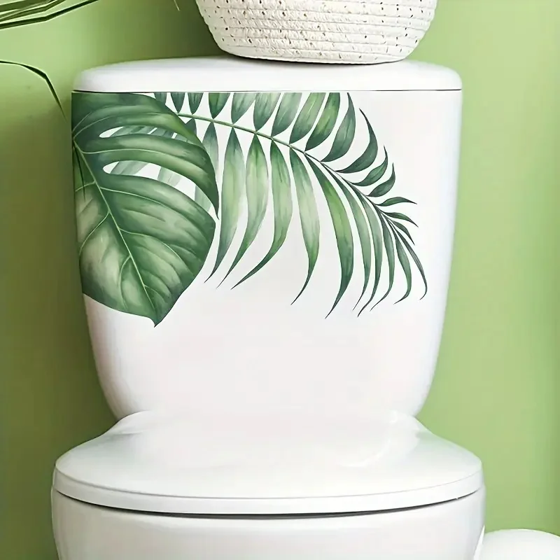 Tropical Green Plant Leaf  Toilet Stickers, Bright Bathroom for Home Decoration, Vinyl Animal Decals, Art Wall paper, Poster