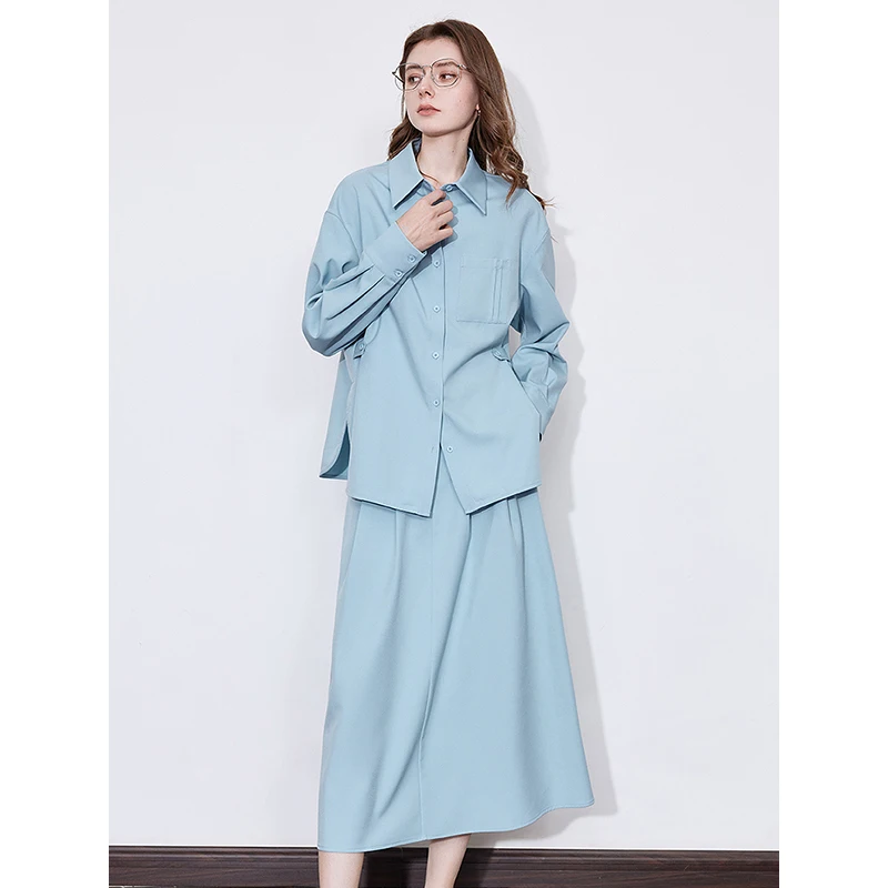 TOYOUTH Women Two Piece Set 2025 Spring New Long Sleeve OL Shirt With Mid Length Skirt Workwear Casual Suits