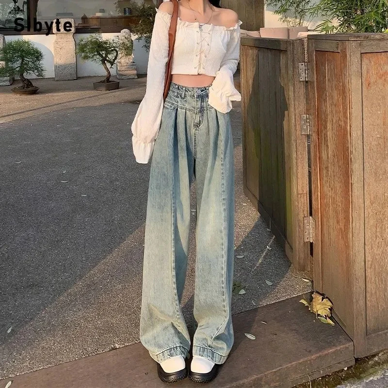 Zoki Vintage Light Blue Denim Wide Leg Pants Women Autumn High Waist Korean Loose Straight Jeans New Winter Streetwear Trousers