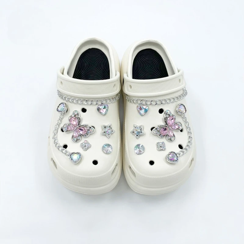 14 шт., модные подвески для обуви, набор аксессуаров, пряжка для обуви с отверстиями, розовый бриллиант, бабочка, сердце, бриллиантовая цепочка, сделай сам, 3D украшения для обуви