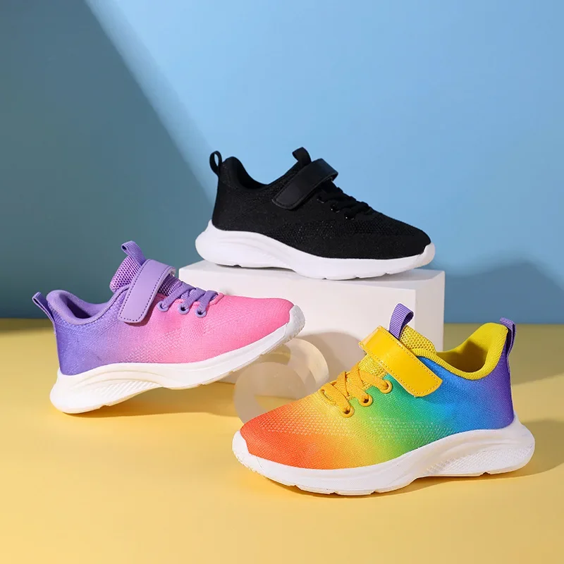 

Girls Spring Autumn Rainbow Sneakers Children Mesh Casual Shoes Boys Gradient Color Fly Knitted Breathable Velcro Sneakers Kids