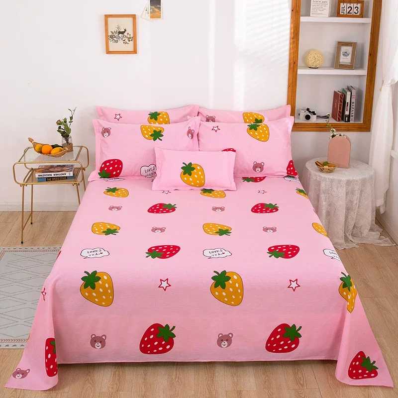 Sábana plana Kawaii de fruta y fresa con 2 fundas de almohada, juego de sábanas de algodón con dibujos animados, funda de cama con forma de oso y estrella para habitación de niña y adolescente