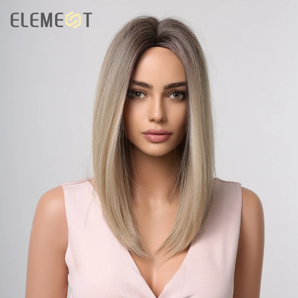 Element Synthetische Pruik Medium Straight Ombre Dark Naar Blond Voor Vrouwen Hittebestendige Dagelijks Party Natuurlijke Mode Hoofdband Haar