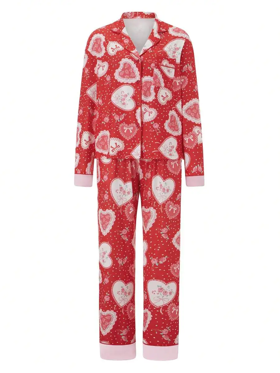 

Womens 2 Piece Lounge Set Long Sleeve Lapel Heart Floral Print Button Up Sleepwear