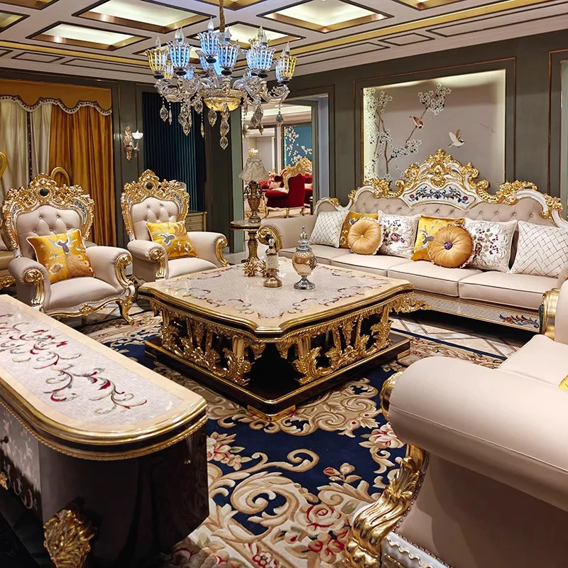 French Court Style Sofa European Villa Mansion Living Room Natural Shell SOFA First Floor High-end Leather Sofa