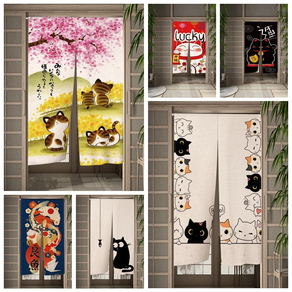 Japanese Polyester Ukiyo-e Door Curtain Colorful Lucky Cat Serie Painted Kitchen Bedroom Corridor Shading Entrance Decorate