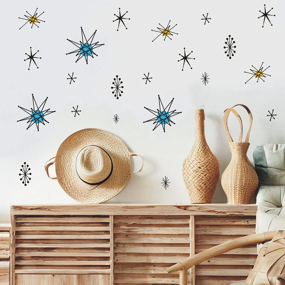Mid-Century Starburst Wall Stickers, Retro Atomic Stars Geometric Wall Decals for Living Room Bedroom Office Home Wall Decor