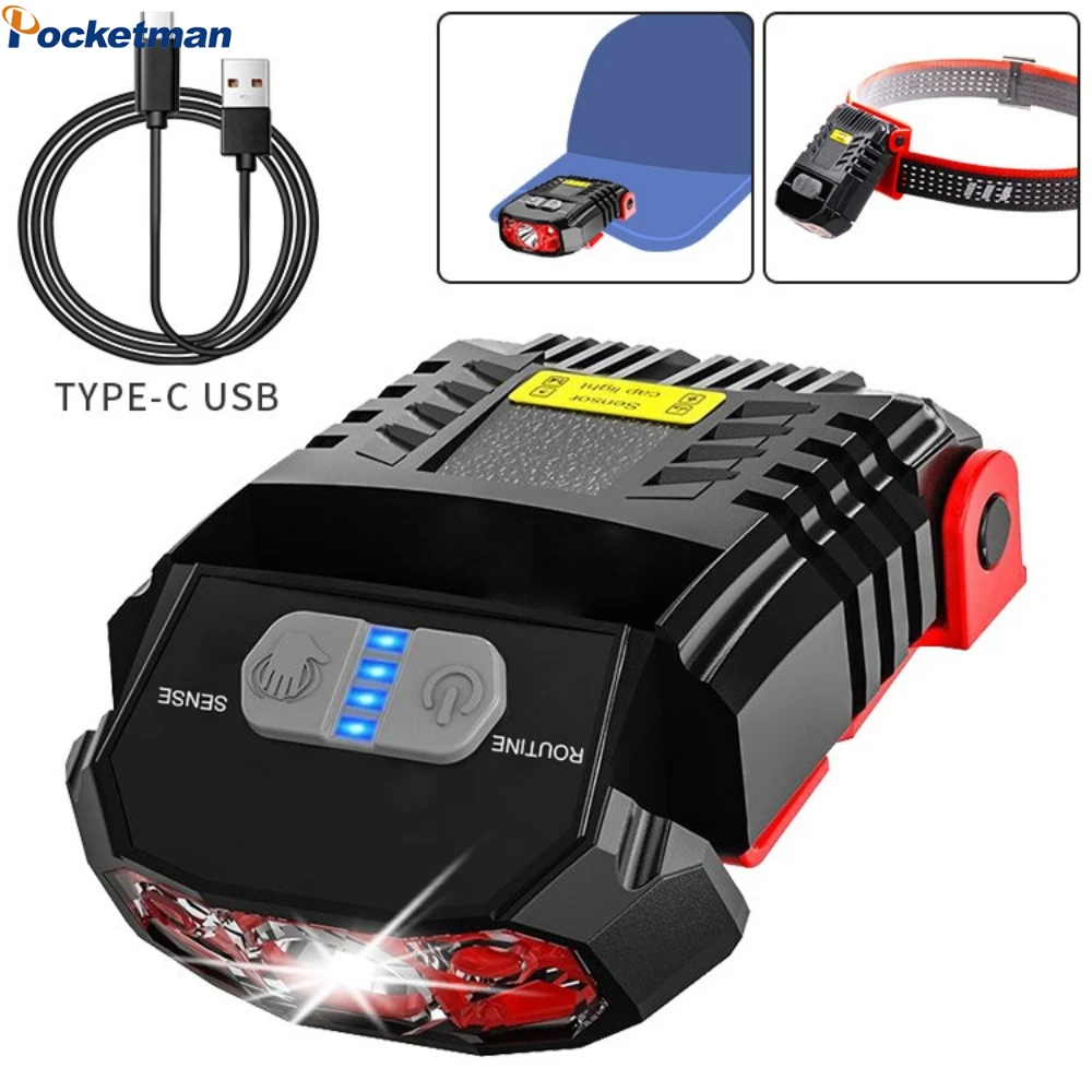 usb-充電式センサークリップ帽子ランプ懐中電灯ポータブルヘッドライト超高輝度夜釣り屋外キャンプ釣りヘッドランプ