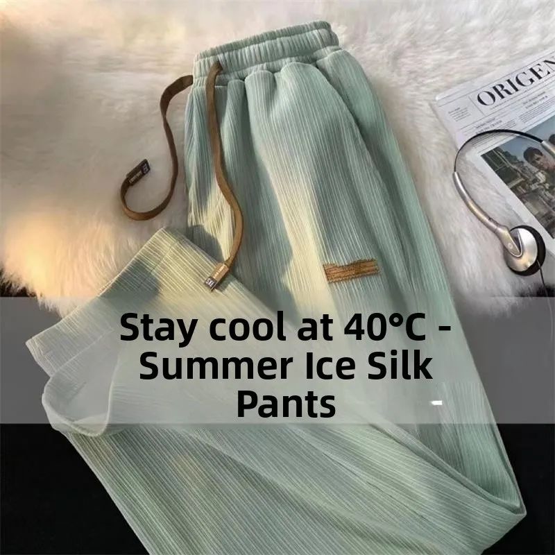 Calças de Verão Masculinas em Seda Gelada, Tamanho ande, Corte Reto, Estilo Hong Kong, Tendência INS, Calças Casuais de Per...
