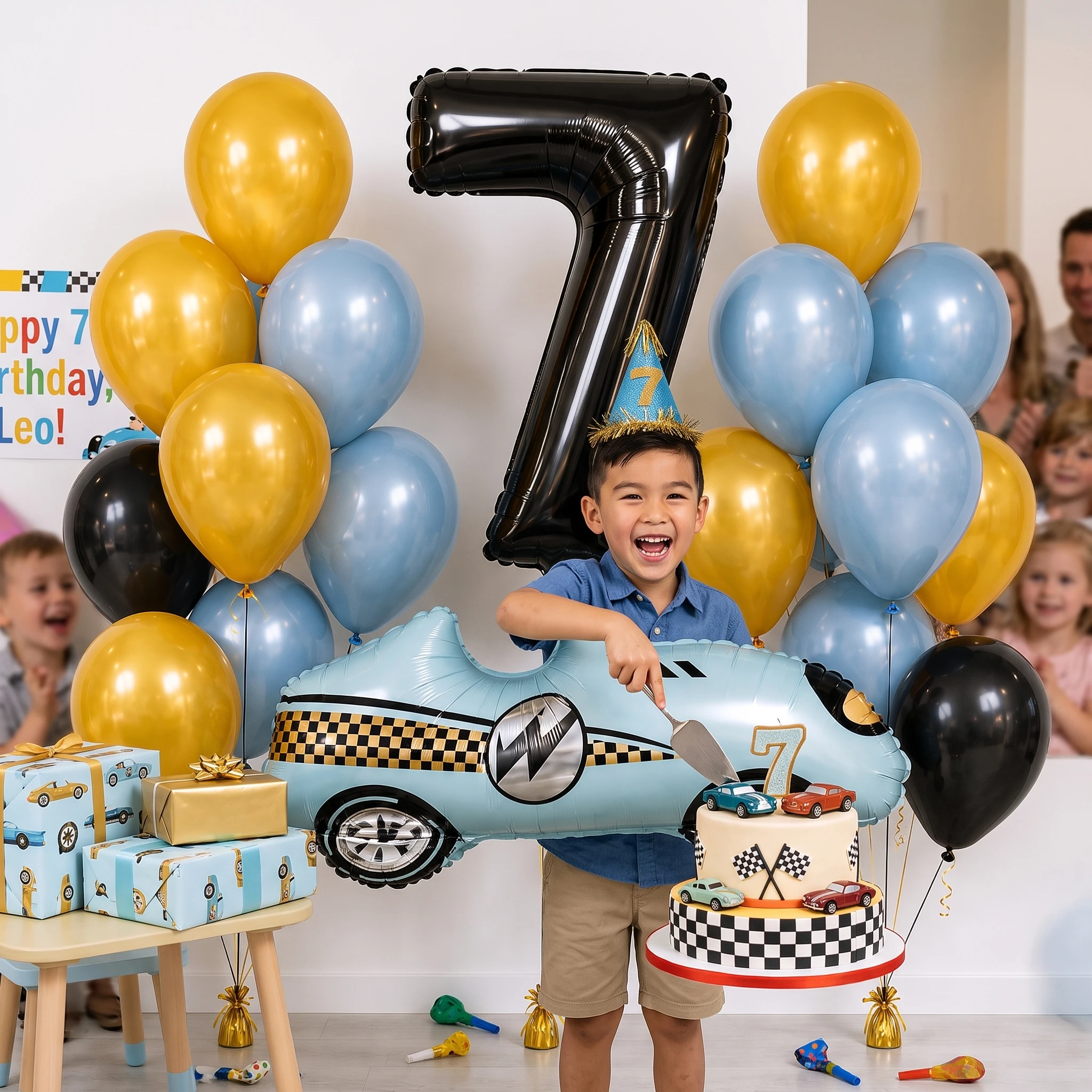 Race Car Balloon Set 22 Pcs, 40 Inch Number 0‑9 Optional, Racing Car Foil Balloon, Gold Blue Black Latex Balloons, Boys Birthday