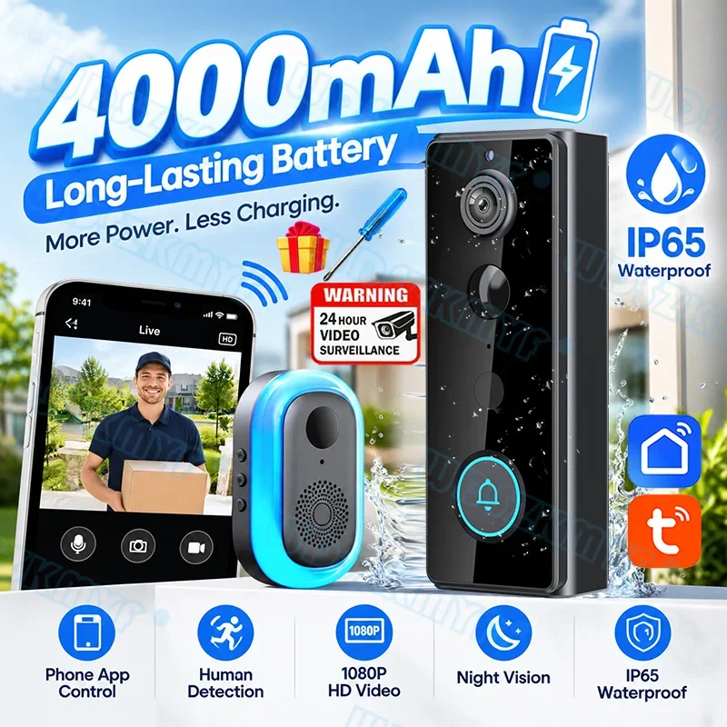 1080P HD Doorbell Camera with Night Vision PIR Motion Detection 2.4G WiFi Intercom Doorbell Cloud Tuya Smart Home for Office