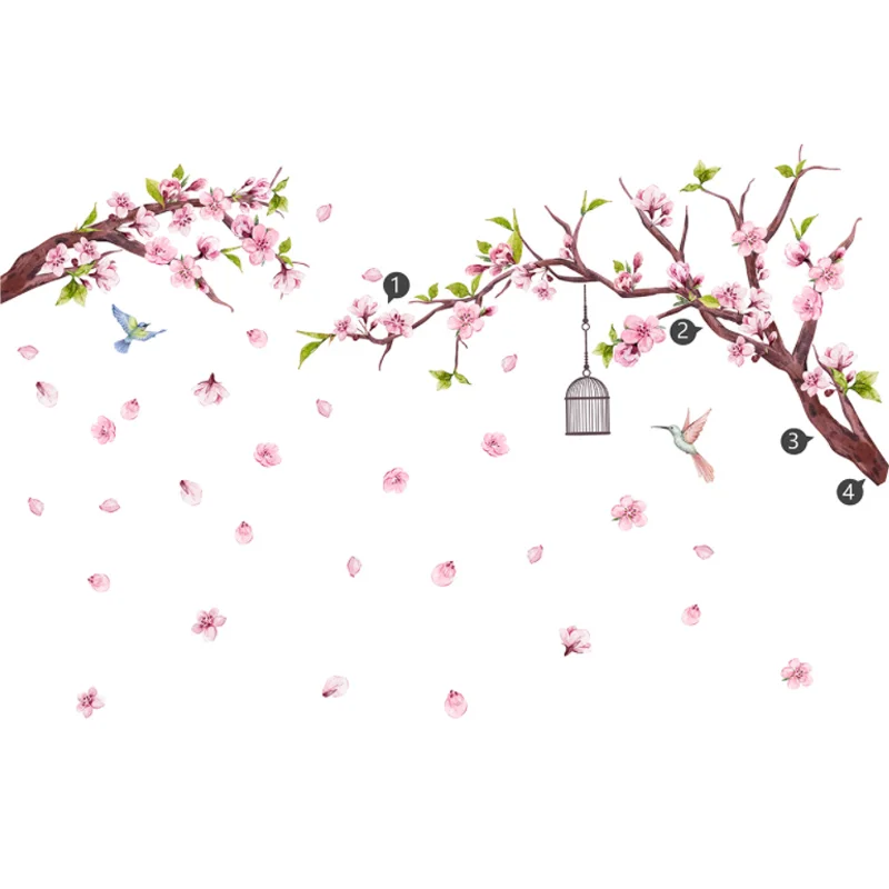 

Pink Peach Blossom Branch Bird Cage Wall Sticker Cartoon Children's Bedroom Background Decoration Kindergarten Classroom Sticker