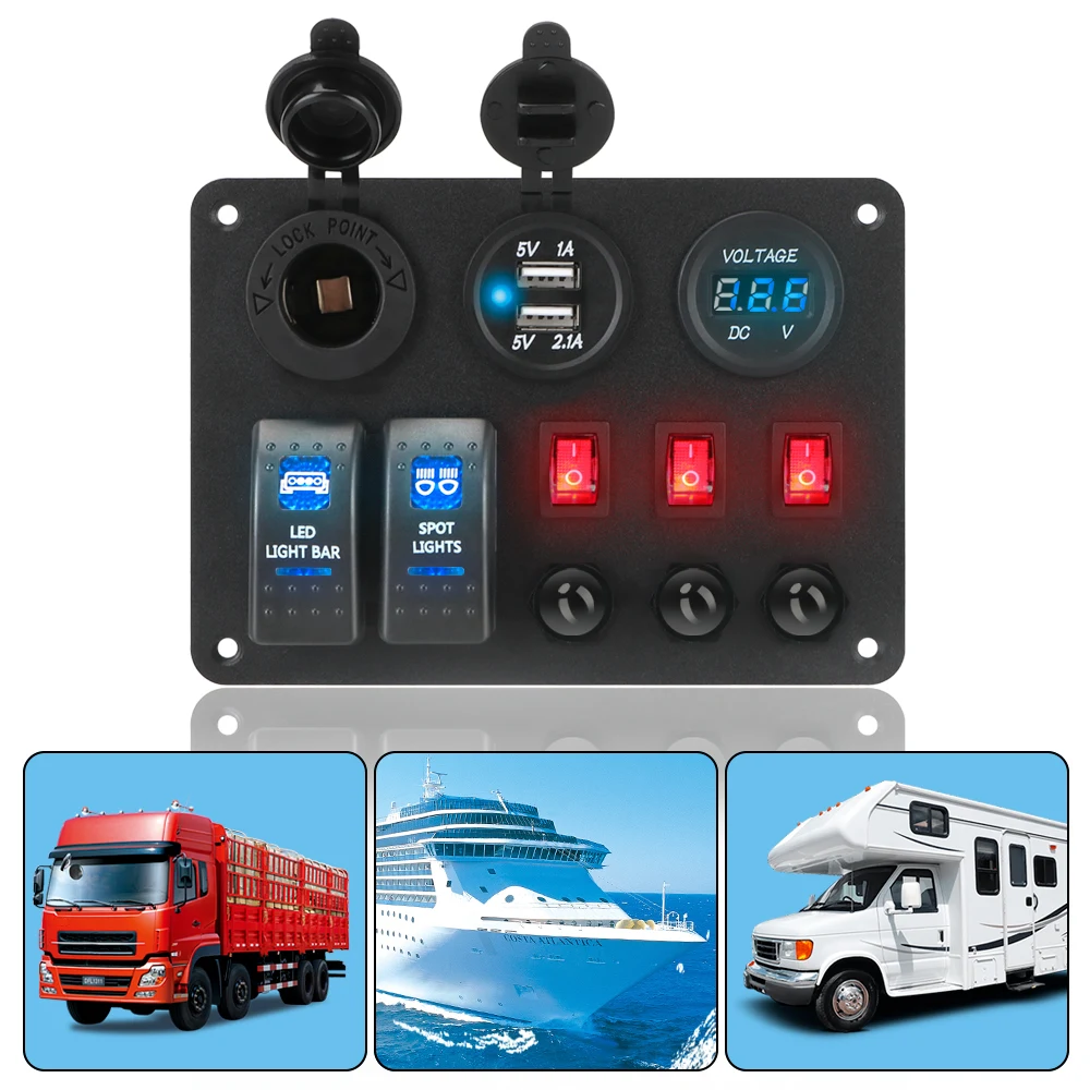 Dual USB Ports Car Marine RV Circuit LED Breaker With Overload Protector 2+3 Gang Rocker Switch Panel Digital Voltmeter