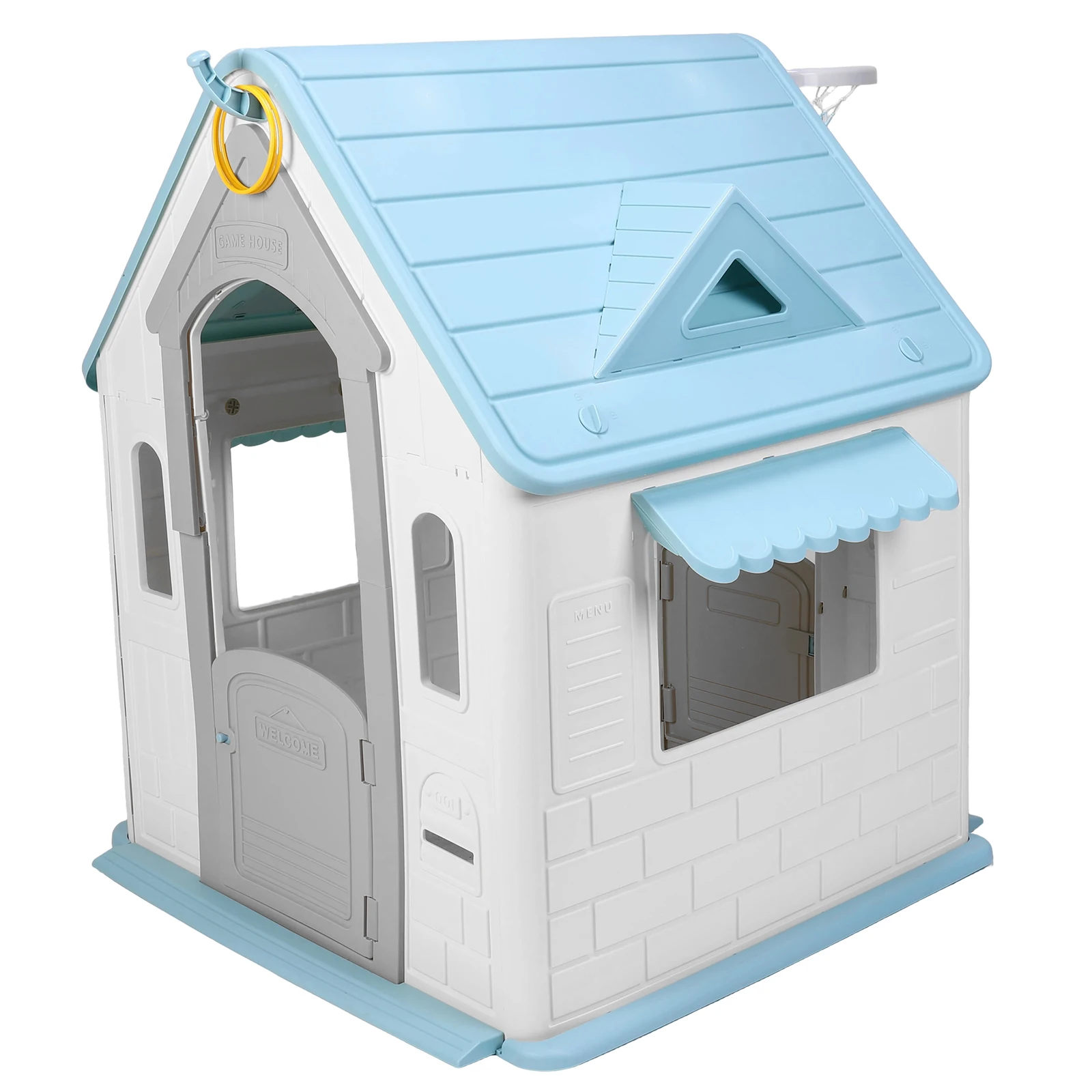 

Kids Playhouse with Basketball Hoop Dartboard Garden Games Cottage (Light Blue)