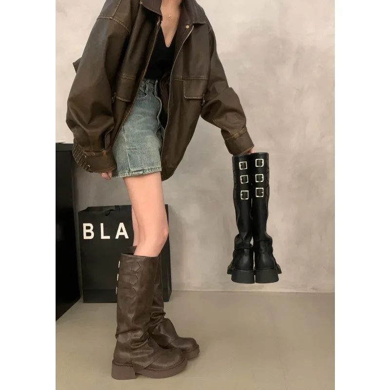 

New Style High Quality Luxury Punk Gothic Style Vintage Motorcycles Western Boots for Women Black Rivets Knee High Boots Shoes