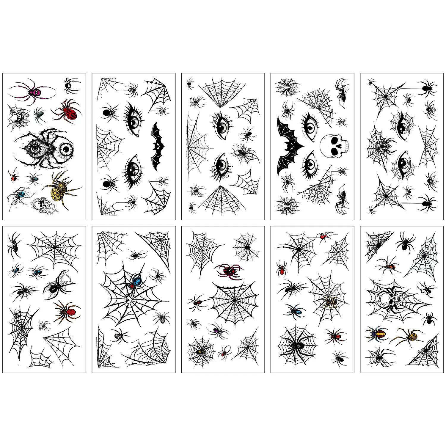 10 Sheets (107 Spider Designs) Halloween Temporary Tattoo Stickers, Black Spider and Spider Web Theme, Waterproof Art Fake Tattoos, Suitable for Party Temporary Makeup