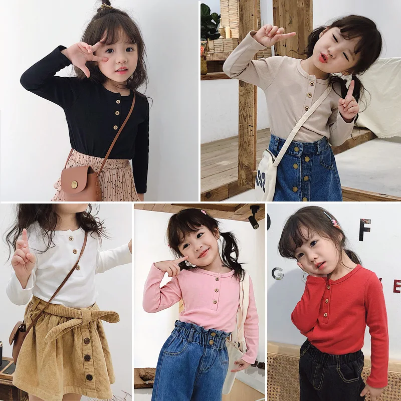 

Children's Clothing Western Style Shirt Spring and Autumn Girls' Long Sleeve Crew Neck InnerTBaby T-shirt Solid Color ButtonstTo