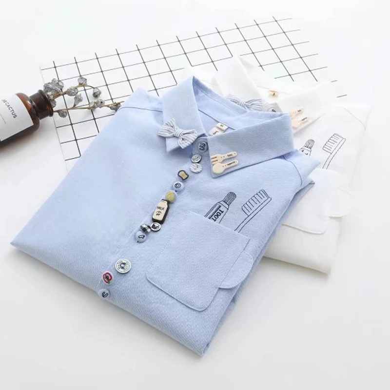 Spring Autumn Preppy Style Loose Three-dimensional Buttons Shirt Women Long Sleeved Female Spinning Lovely Blouse Tops U202