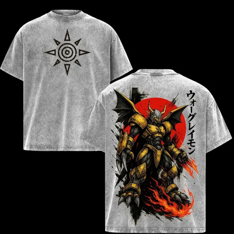 Agumon Print T-shirt Anime Digimon Clothing Men Women Short Sleeve Tshirts Retro Washed T Shirt Harajuku Male Casual Cotton Tops