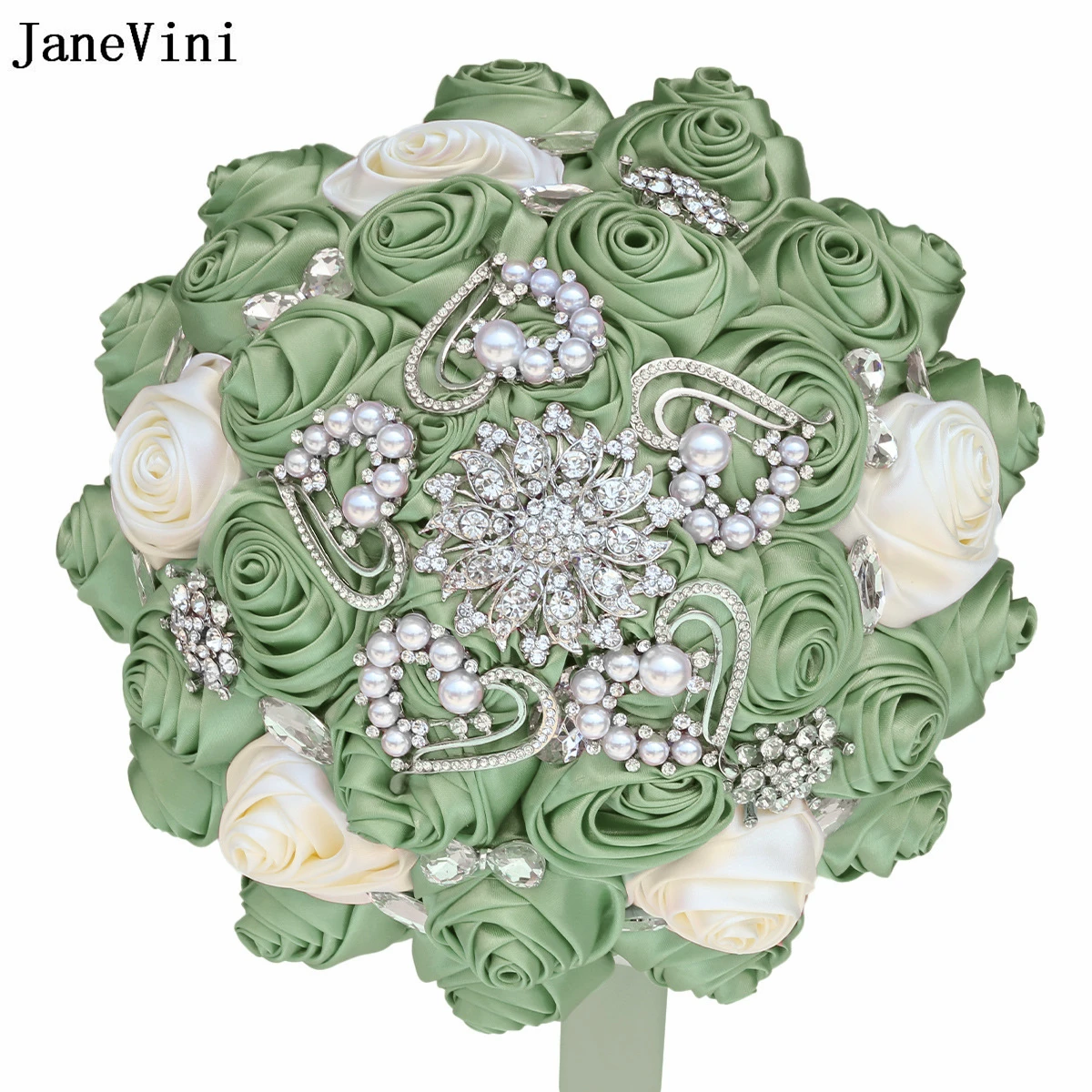 

JaneVini Elegant Sage Ivory Bridal Bouquets Bling Silver Crystals Handmade Satin Roses Bride Bouquet Flowers Wedding Accessories