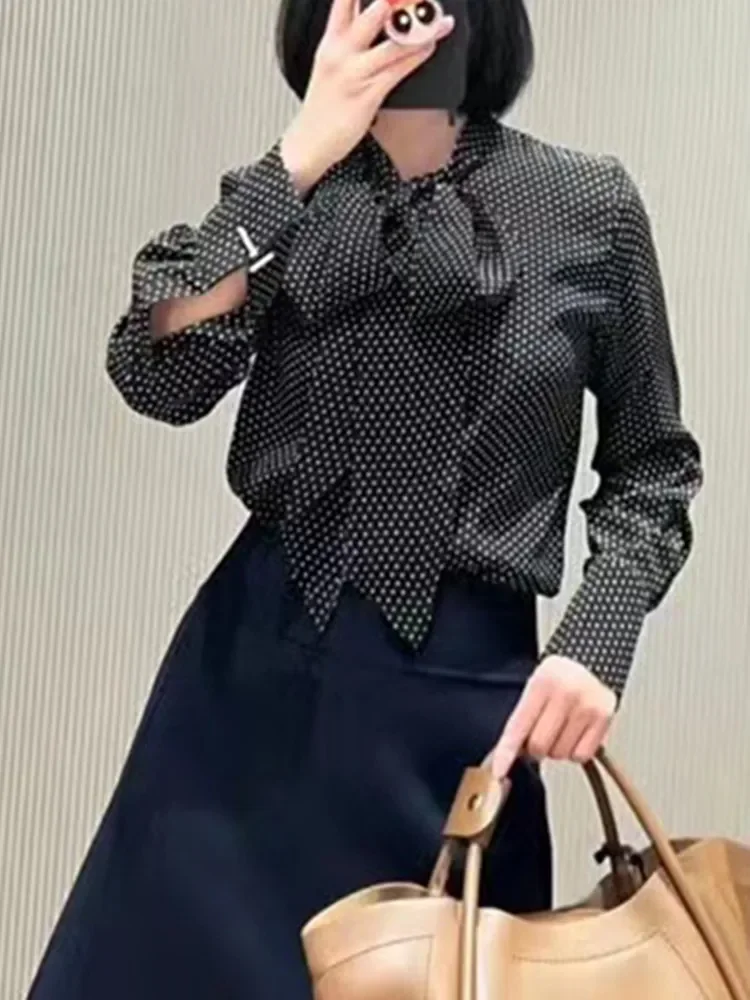 

Women Polka Dot Ribbon Silk Shirt 2023 Autumn Chemise Female Long Sleeve Temperament Blouse