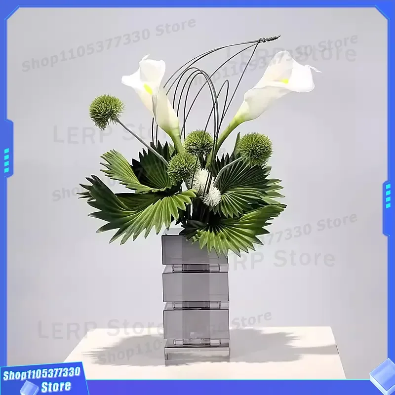 Modern Square Crystal Flower Vase Luxury Laminated Glass Floral Arrangement for Hotel Entrance Lobby Office Sales Center Soft