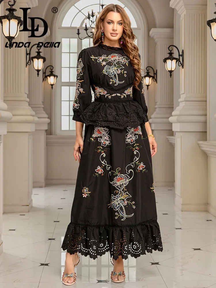 LD LINDA DELLA 2025 Spring/Summer New Vintage Nine Sleeve Heavy duty Embroidery Flower Splicing Lace Waist Ruffle Edge Dress