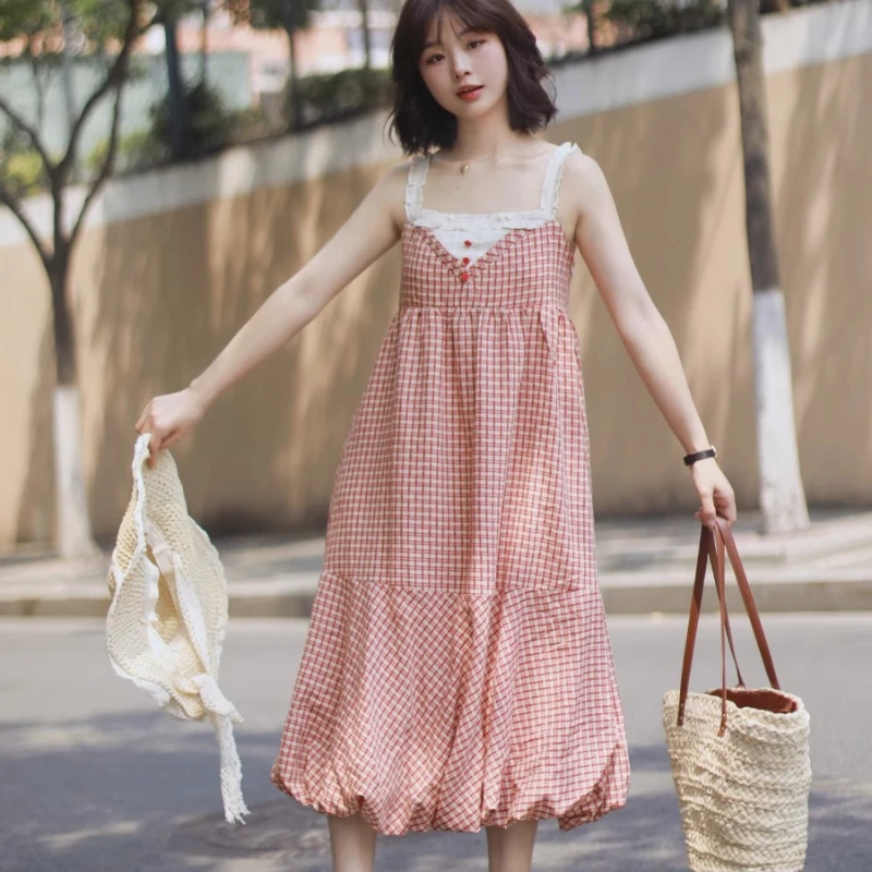 韓国の夏の新しい婦人服赤チェック柄かわいい甘いレーススリングドレスルーズ薄型ノースリーブかわいいミディアムロングドレスレディース