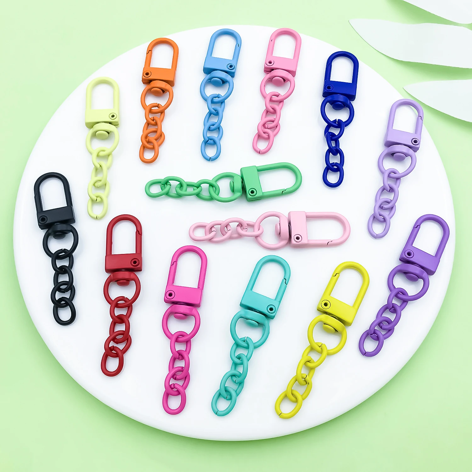 10pcsPaint Coated Alloy Colorful Four Section Chain Keychain Spring Clasp Openable Carabiner DIY Charms Jewelry Buckle Connector